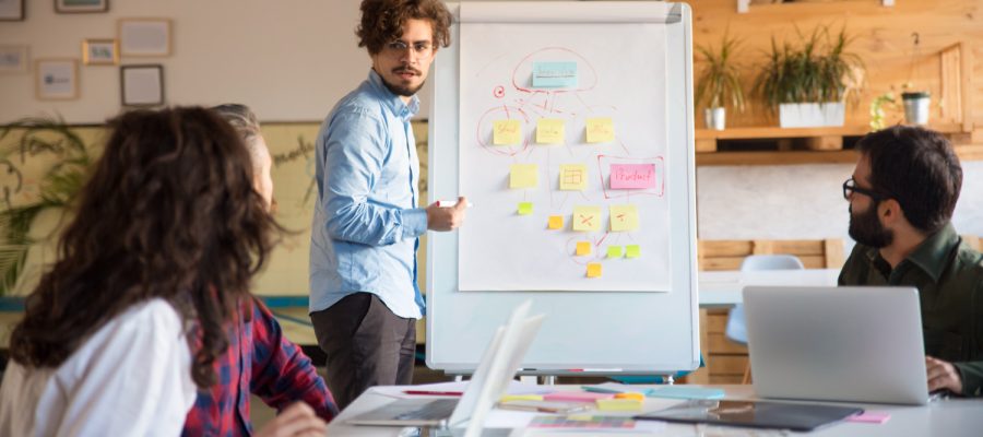 startup-leader-drawing-flowchart-board-discussing-project