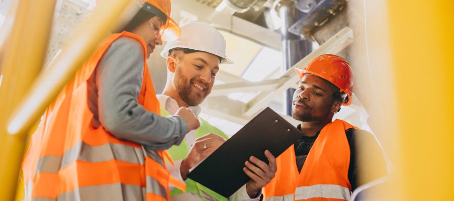 Three people discussing a plan at a factory
